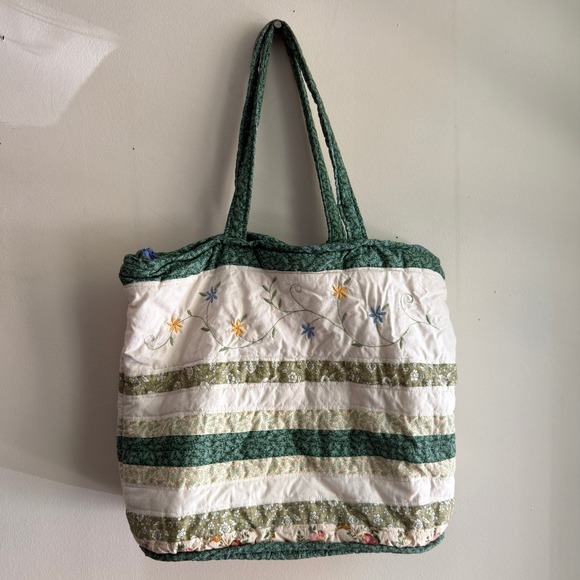 Handbags - Quilted Patchwork Floral Embroidered Tote Bag Green White Large Good